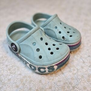 CROCS Kids Aqua Blue Clogs with Purple Stripe